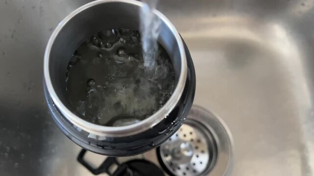 Water pouring into metal container over kitchen sink close up