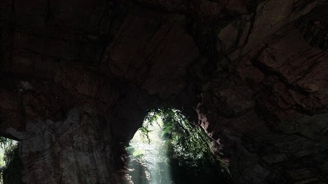 Sunlight streams into the cave from a large opening, illuminating the rocky interior. Green plants grow around the entrance. The scene shows a forest outside the cave.