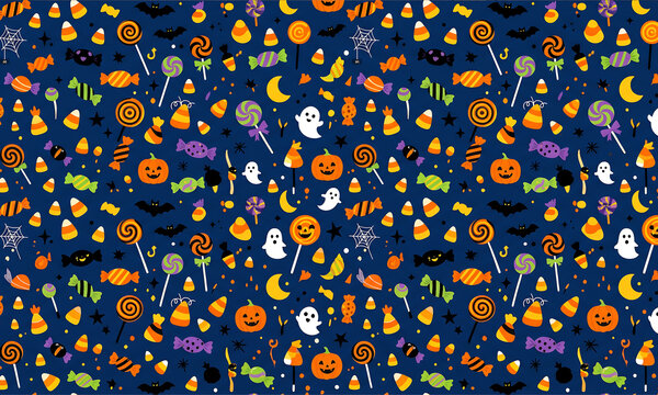 Seamless pattern background featuring cute halloween icons like pumpkins ghosts candy and bats on dark blue