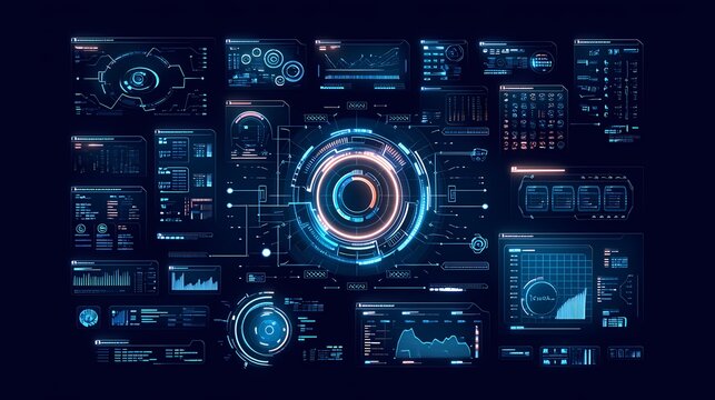 円形の計器を中心に配置した近未来のホログラムHUDダッシュボード、SF風のUI素材集