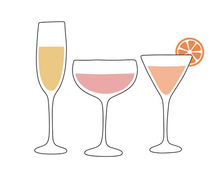 Three Cocktail and Champagne Glasses Pastel Hand Drawn Set