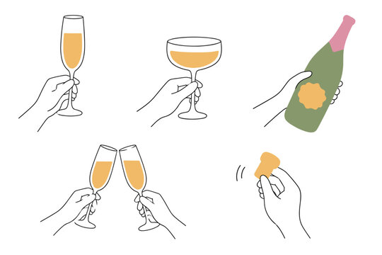Hands Holding Champagne Glasses Bottle and Cork Celebration Set