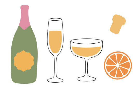 Champagne Bottle Glasses Cork and Orange Celebration Illustration