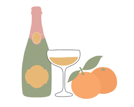 Champagne Bottle Glass and Mandarins Festive Celebration Illustration