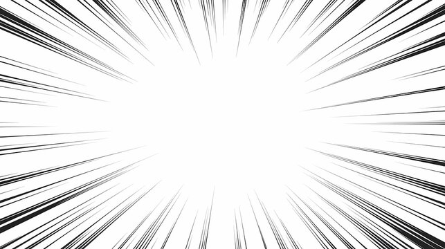 白地に黒い集中線が放射する漫画のアクション背景、モノクロの効果線素材