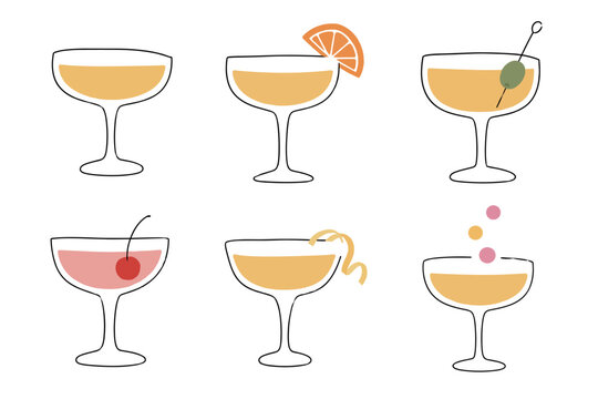 Champagne Coupe Cocktails with Citrus Cherry Olive and Garnishes