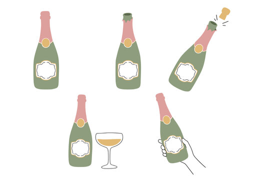 Champagne Bottle Opening Stages Hand Drawn Illustration Set