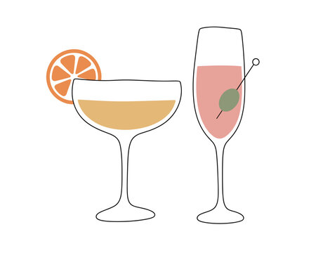 Two Cocktail Glasses with Citrus and Olive Hand Drawn Illustration