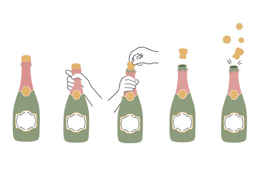 Opening Champagne Bottle Step by Step Hand Drawn Illustration Set