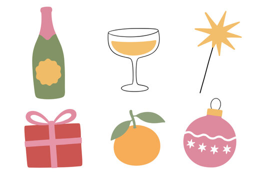 New Year Celebration Champagne Gift Orange and Ornament Doodle Set