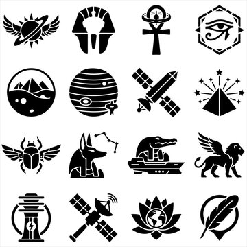 Ancient egyptian astronomy and space exploration vector glyph icons collection with eye of horus black silhouettes vector symbols satellites mythology pyramids collection egyptian astronomy