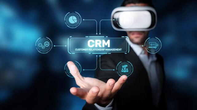 A businessman interacts with virtual reality elements showcasing customer relationship management, highlighting data visualization and modern business practices for enhanced engagement. Raster
