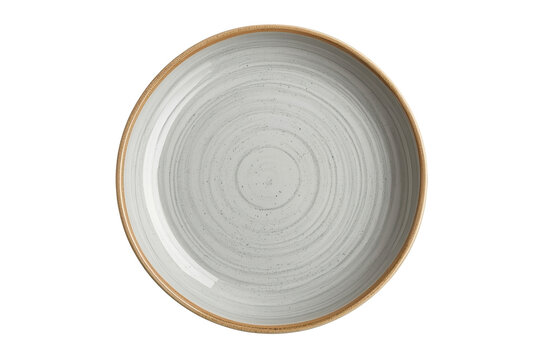 Round gray ceramic dinner plate with brown rim