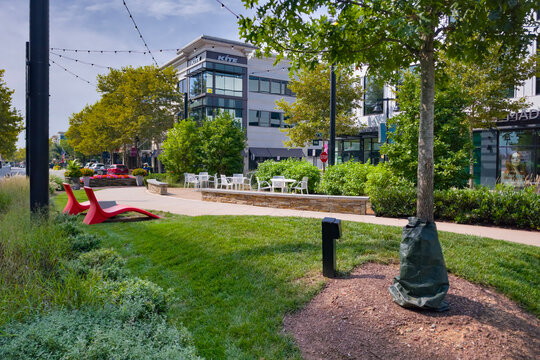 Colorful flower planters brighten the public plaza at One Loudoun, Ashburn, Virginia.