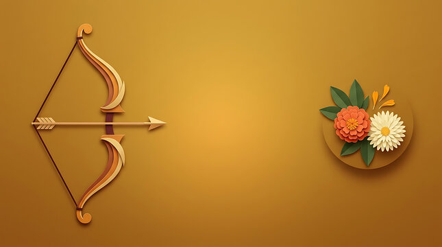 Elegant bow and arrow with floral decoration on warm golden background symbolizing durga puja and navratri festive celebration with traditional indian style