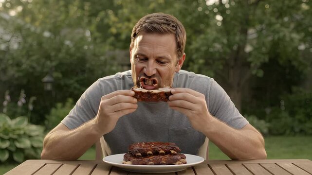 Man sitting at an outdoor wooden table looking at a stack of barbecue ribs on a white plate meat food garden eating meal meat food garden eating meal