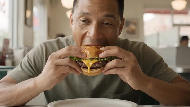 Man sitting at a table in a diner looking down at a cheeseburger with lettuce and melting cheese on a white plate burger hamburger fast food restaurant burger hamburger fast food restaurant