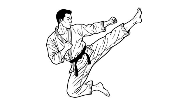 A male martial artist performs a high kick in a minimalist line art style