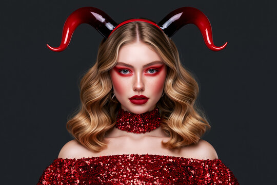 Woman wearing curved red devil horns and red sequin off-shoulder costume for Halloween