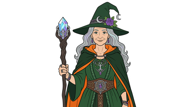 Elderly woman in a green wizard outfit holding a magical staff with a crystal