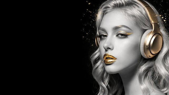 Blonde girl gold headphones, black white face gold lips makeup, wavy light hair. Golden sparkle dust black background, luxury beauty art portrait. Girl gold headphones shine