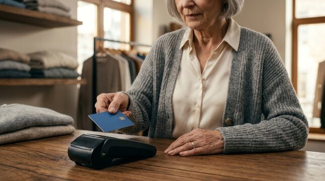 Senior woman making a contactless credit card payment at a clothing boutique checkout counter