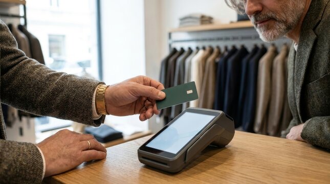 Customer using credit card for contactless payment at point of sale terminal in upscale clothing boutique