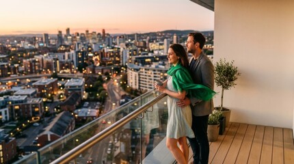 Fototapeta na wymiar Couple enjoying sunset view from modern city apartment balcony, urban living lifestyle