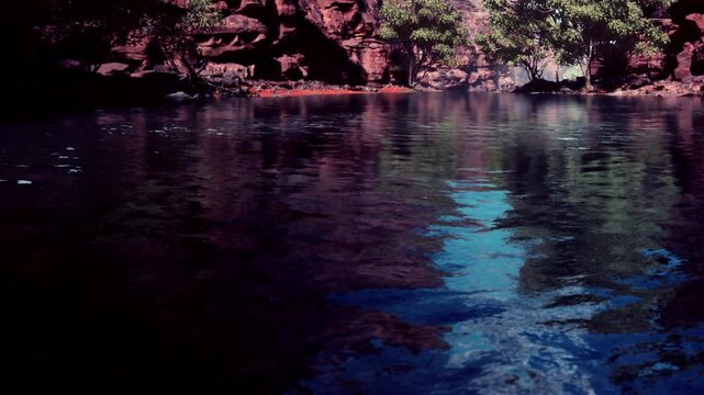 A pool of clear water shows reflections of nearby rocks and trees. The scene captures a natural area filled with greenery and rocky formations during daylight.