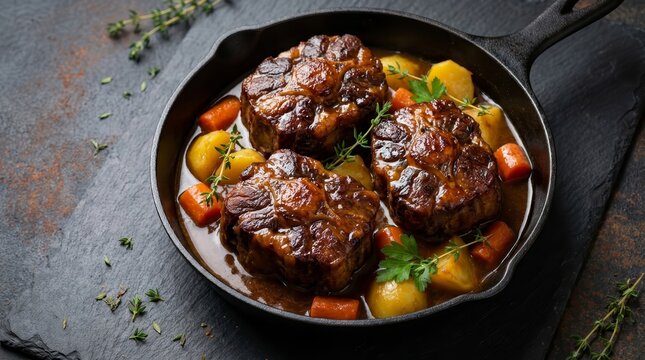 Savory homemade comfort food featuring braised beef oxtails in a rich gravy and vegetables.