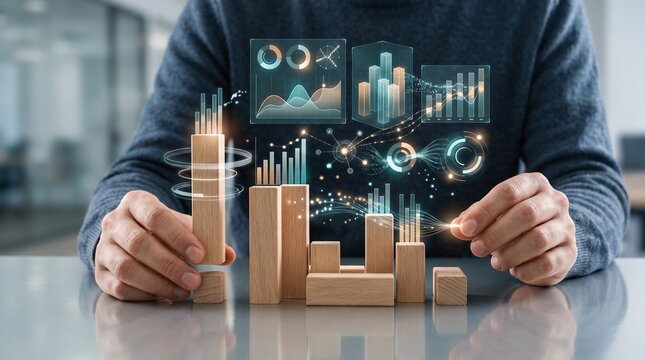 Person builds successful business growth strategy using wooden blocks to represent complex financial charts and digital holographic analytics floating above a smooth reflective grey table surface