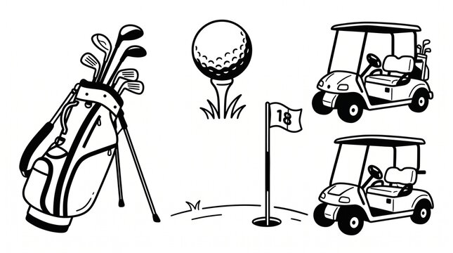 Golf equipment collection featuring a bag clubs ball flag and carts in black ink style