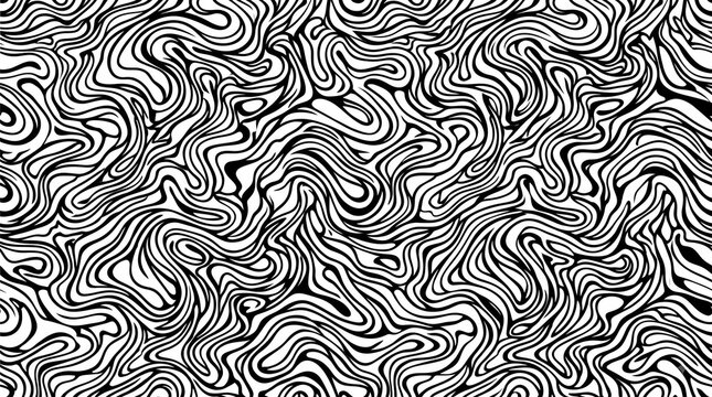 Abstract black and white liquid pattern featuring flowing wavy lines in a seamless artistic modern design