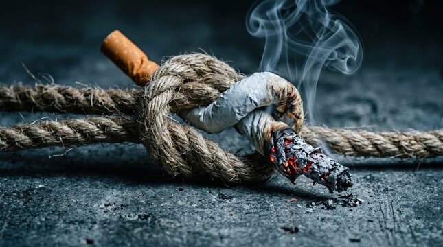 Burning cigarette tied tightly in rope knot representing addiction and struggle with cigarette addiction struggle