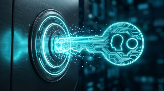 Access granted concept featuring a futuristic digital key with human head profile and secure smart tech.