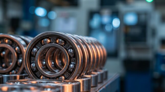 Mechanical engineering concept showing a row of shiny metal bearings with orange light.