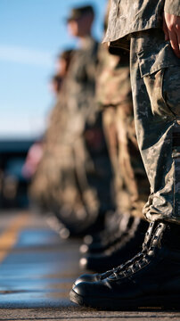 rows of soldiers in camouflage uniform and black combat boots standing in formation on a bright wet pavement parade ground, rear view with faces out of frame, clean daylight sky