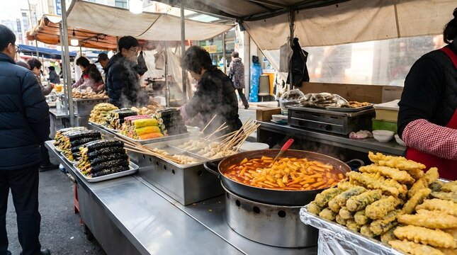 Korean Street Food Stall with Tteokbokki and Kimbap