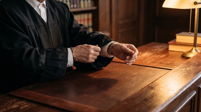 courtroom trial proceedings. judge in black robe sitting at wooden bench with hands clasped over legal ledger. justice system, verdict delivery, and judiciary authority concept.