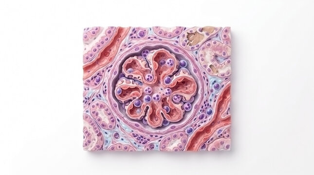 Detailed medical illustration of renal corpuscle and nephron structure in human kidney with renal tubule