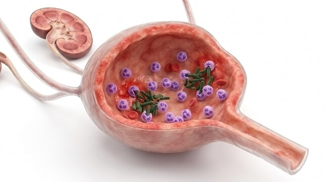 3D medical illustration of a human urinary bladder interior showing bacterial infection and pathogens with human organs