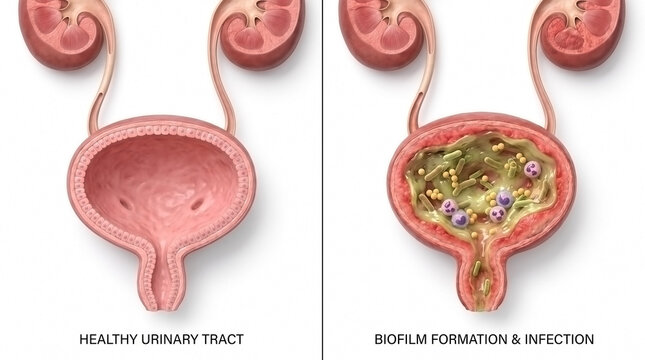 Comparison illustration showing a healthy urinary tract versus a urinary tract with biofilm formation and infection