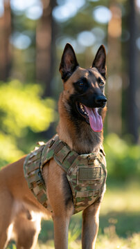 alert Belgian Malinois dog wearing a camouflage vest standing in a sunlit woodland training camp, tall pine trees and bright green foliage in background, working K9 unit, military
