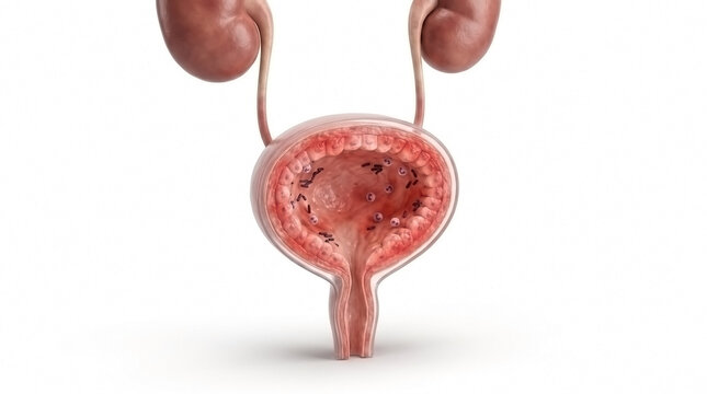 Urinary system anatomy showing kidneys ureters and bladder affected by disease with kidney disease bladder cancer medical illust
