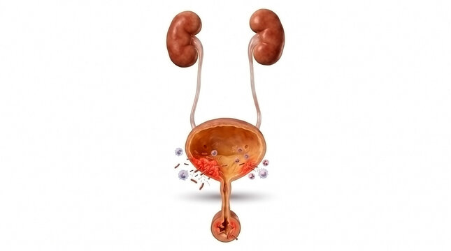 Detailed medical illustration of human urinary system including kidneys ureters bladder and prostate with infection