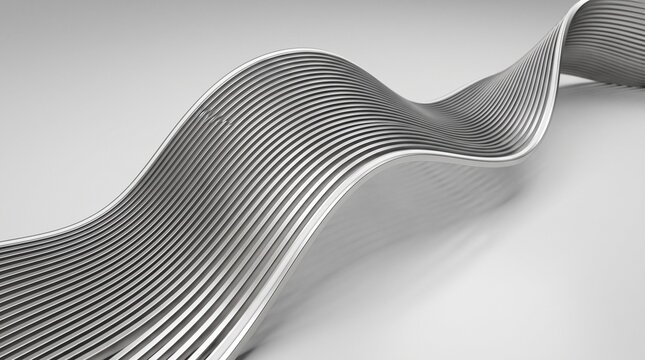 Abstract flowing ribbon shape with a black and white striped moire pattern on a light background