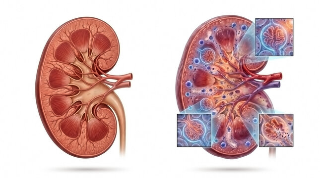 Cross section of human kidney anatomy with internal structure and microscopic detail callouts human body renal system body part