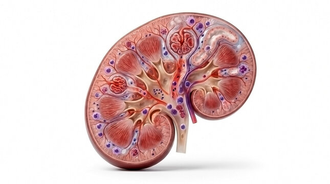 Cross section of human kidney anatomical model showing internal structure renal pelvis and cortex with infection cells