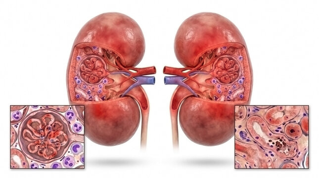 Pair of human kidneys in cross section showing internal anatomy and magnified histology views with human body