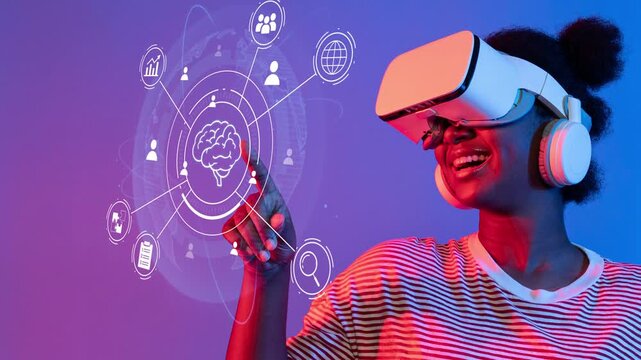 Excited young woman engaging with virtual reality technology while wearing VR headset and headphones, interacting with digital icons in futuristic environment. Entropy.